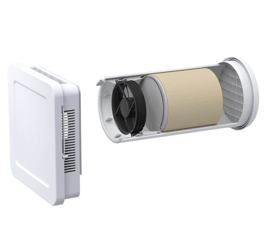 Unità di recupero calore Siegenia AEROTUBE WRG SMART ventilatore da parete con chiusura ELETTRICA, incl. griglia parapioggia PVC bianco