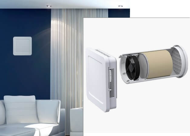 Unità di recupero calore Siegenia AEROTUBE WRG SMART ventilatore da parete con chiusura ELETTRICA, incl. griglia parapioggia PVC bianco